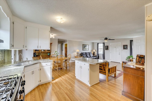 kitchen featuring white cabinets, light wood-style flooring, light countertops, and a sink