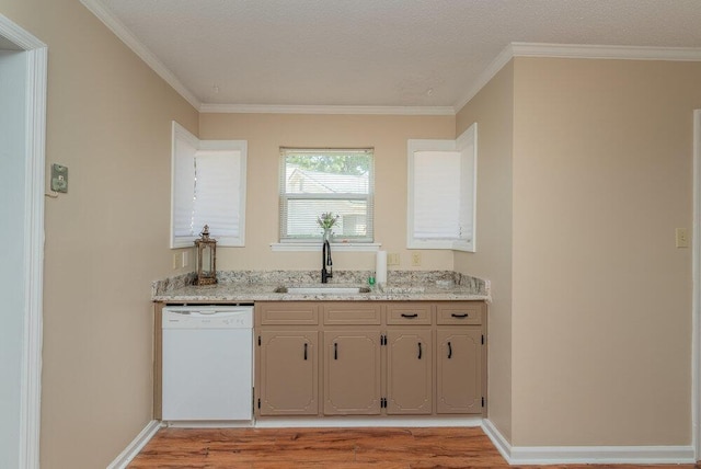 kitchen featuring sink, white dishwasher, ornamental molding, and light hardwood / wood-style flooring