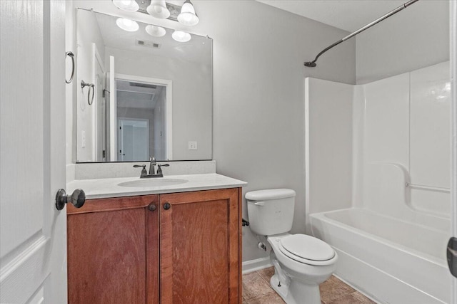 full bathroom featuring bathtub / shower combination, vanity, toilet, and tile patterned flooring