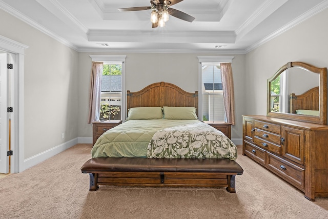 910 Ellis Ln, Evans, GA 30809 - bedroom with light carpet, a raised ceiling, ornamental molding, baseboards, and a ceiling fan