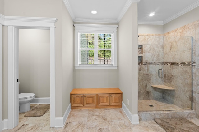 910 Ellis Ln, Evans, GA 30809 - bathroom featuring a shower stall, toilet, ornamental molding, baseboards, and marble finish floors