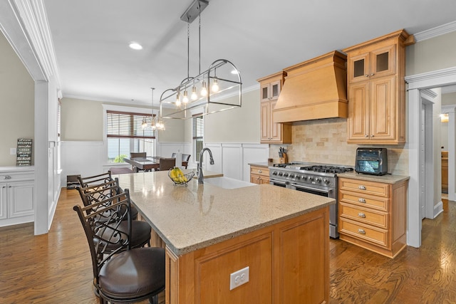 910 Ellis Ln, Evans, GA 30809 - kitchen with double oven range, a sink, custom exhaust hood, an island with sink, and dark wood-style floors