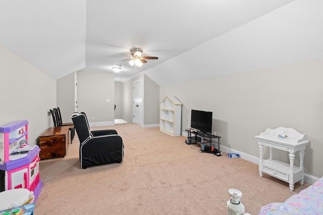 910 Ellis Ln, Evans, GA 30809 - rec room with a ceiling fan, vaulted ceiling, carpet flooring, and baseboards