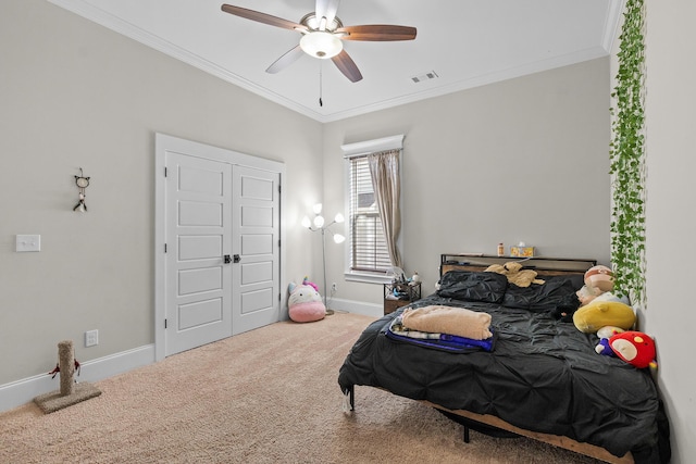 910 Ellis Ln, Evans, GA 30809 - bedroom with carpet flooring, ornamental molding, baseboards, and a ceiling fan