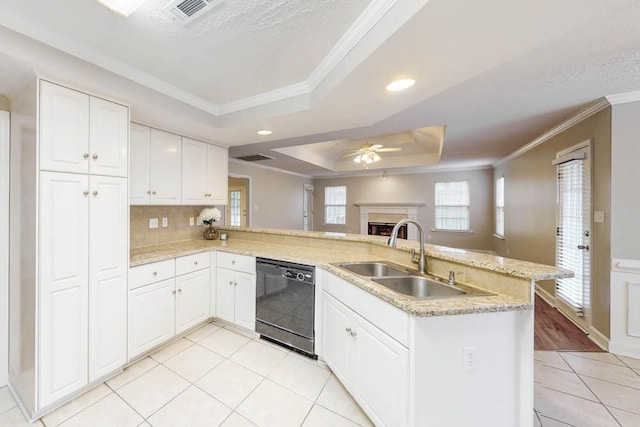 5105 Windmill Pl, Evans, GA 30809 - kitchen with dishwasher, a sink, a raised ceiling, crown molding, and ceiling fan