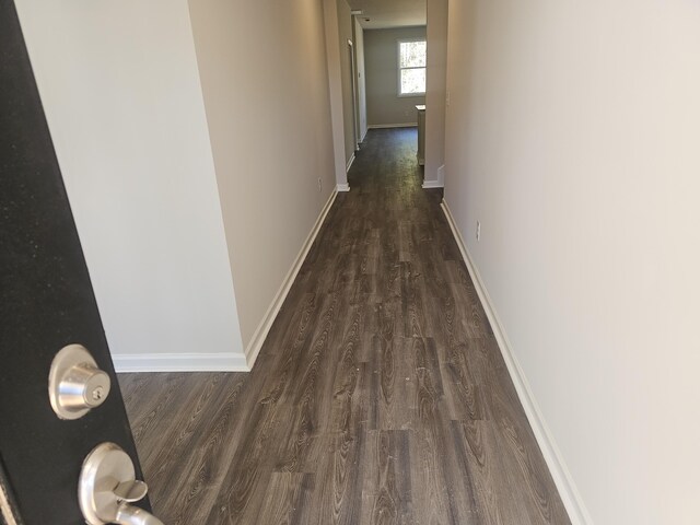 hallway with dark hardwood / wood-style flooring