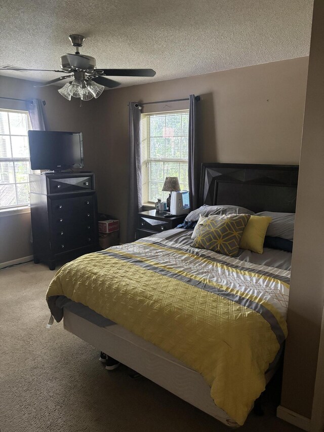 1405 E Thorpe Ln, Aiken, SC 29801 - carpeted bedroom featuring multiple windows, a textured ceiling, and a ceiling fan