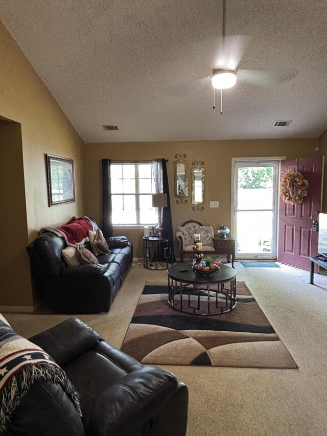 1405 E Thorpe Ln, Aiken, SC 29801 - carpeted living area featuring a textured ceiling, ceiling fan, and lofted ceiling