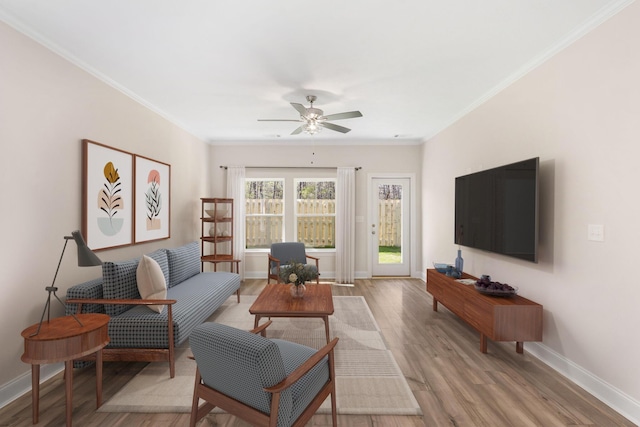 living room featuring ceiling fan, light wood-type flooring, and ornamental molding