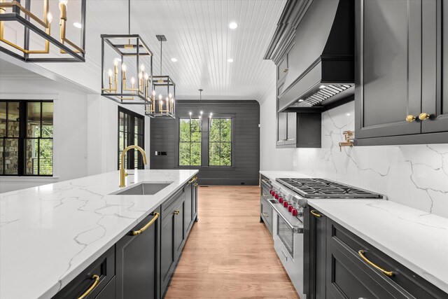 811 Audubon Way, Evans, GA 30809 - kitchen featuring high end stainless steel range oven, custom range hood, a chandelier, light wood-style floors, and healthy amount of natural light