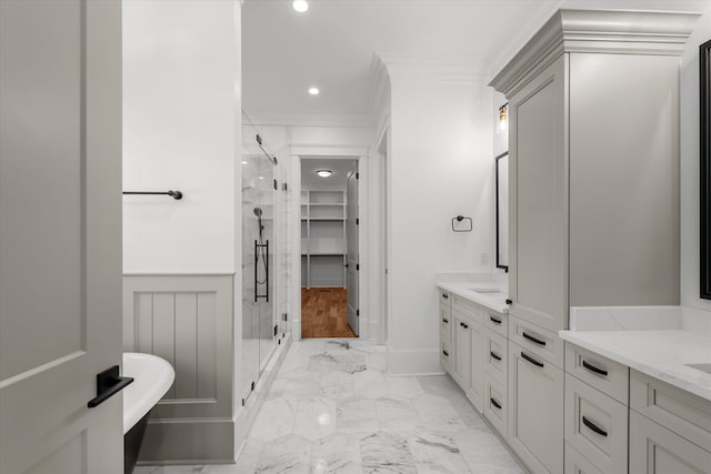 811 Audubon Way, Evans, GA 30809 - bathroom with a stall shower, vanity, marble look tile flooring, a freestanding bath, and recessed lighting
