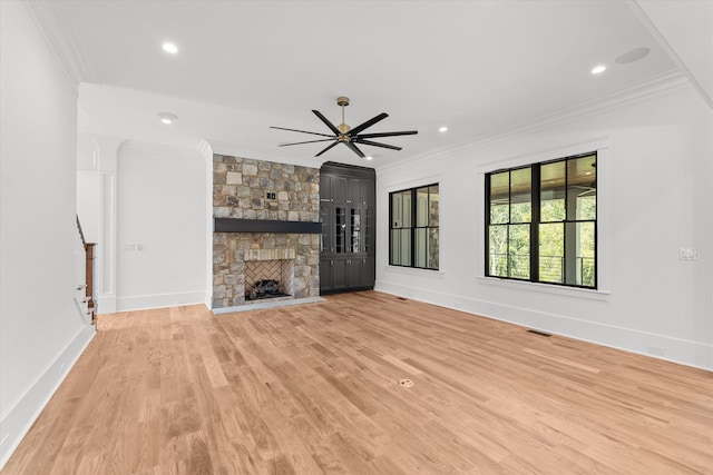 811 Audubon Way, Evans, GA 30809 - unfurnished living room featuring ornamental molding, ceiling fan, light wood-style flooring, recessed lighting, and a fireplace