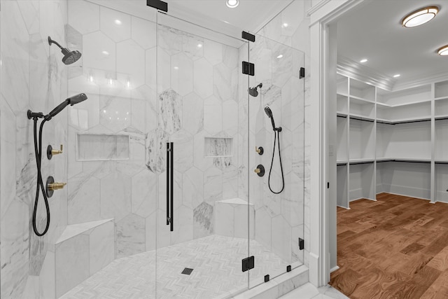 811 Audubon Way, Evans, GA 30809 - full bath with a marble finish shower, wood finished floors, a spacious closet, crown molding, and recessed lighting