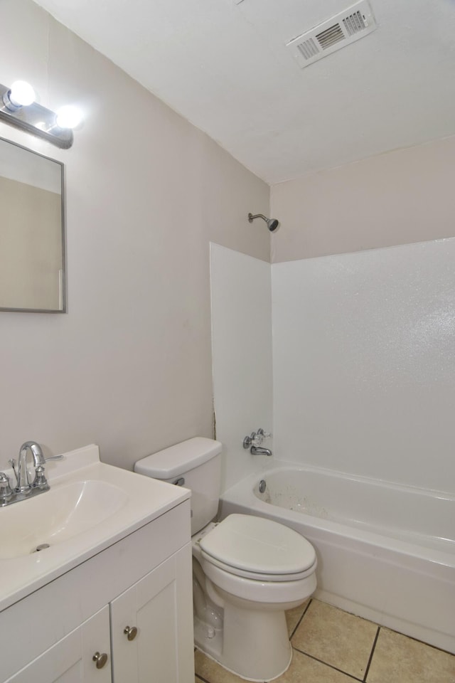 full bathroom with toilet, vanity, shower / bath combination, and tile patterned floors