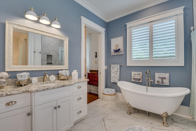 3121 Carillon Way, Evans, GA 30809 - bathroom featuring marble finish floors, vanity, a freestanding tub, crown molding, and baseboards