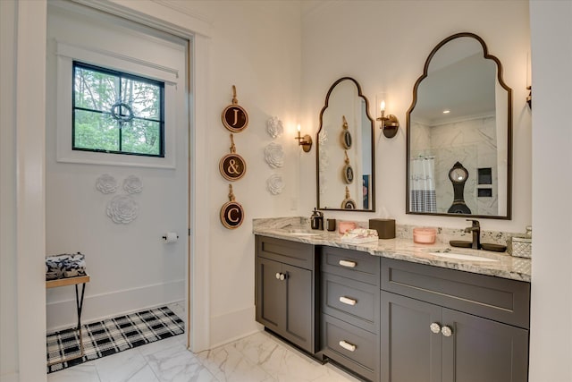 3121 Carillon Way, Evans, GA 30809 - bathroom with marble look tile flooring, double vanity, curtained shower, and baseboards