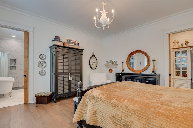 3121 Carillon Way, Evans, GA 30809 - bedroom featuring a chandelier, light wood-style floors, ornamental molding, and connected bathroom