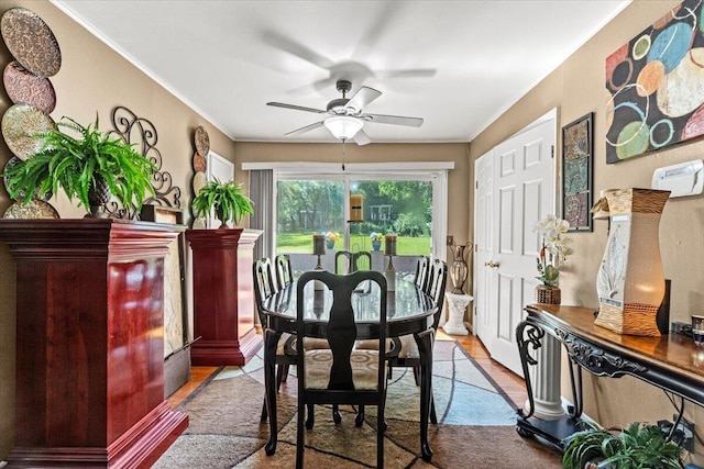 dining room featuring ceiling fan, ornamental molding, and wood finished floors
