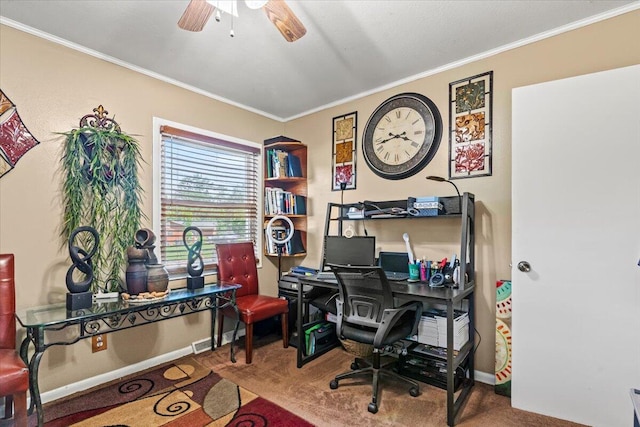 office area with ornamental molding, ceiling fan, and baseboards