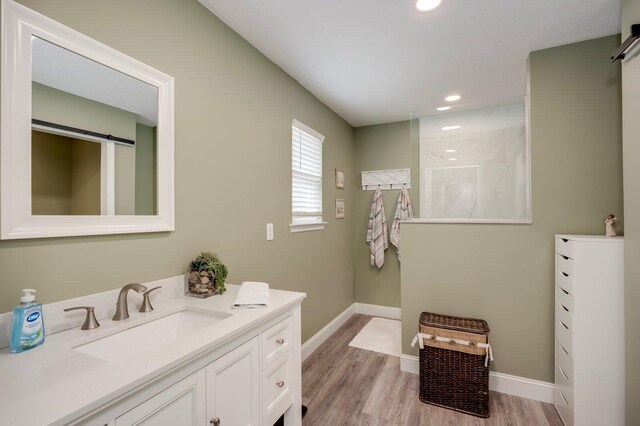 bathroom featuring hardwood / wood-style floors and vanity