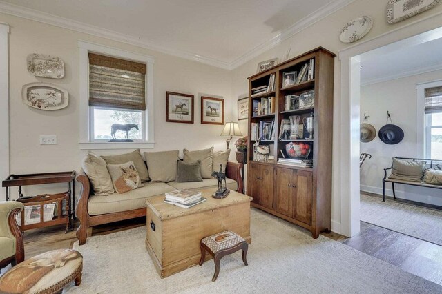 living room featuring hardwood / wood-style floors and crown molding