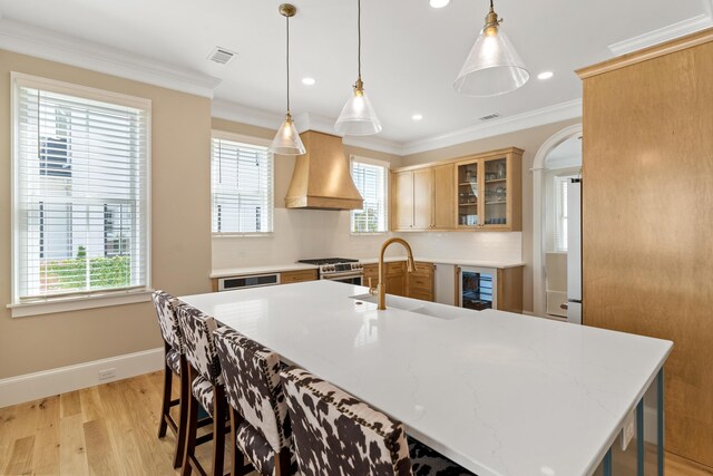 636 Railroad Ave, North Augusta, SC 29841 - kitchen with custom exhaust hood, a sink, high end stainless steel range oven, a kitchen breakfast bar, and light wood finished floors