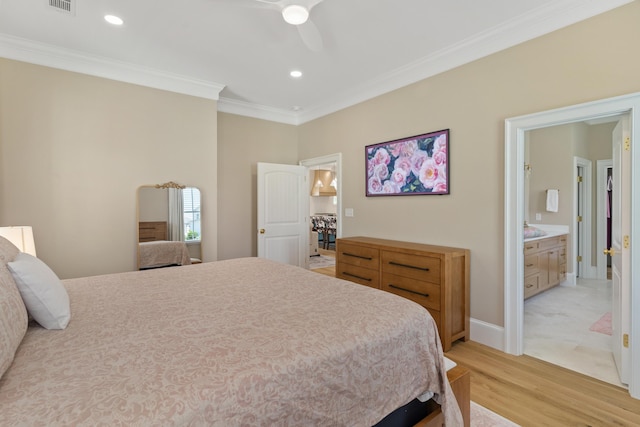 636 Railroad Ave, North Augusta, SC 29841 - bedroom with ornamental molding, light wood finished floors, recessed lighting, a ceiling fan, and ensuite bath