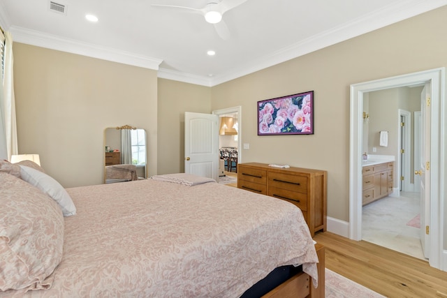 636 Railroad Ave, North Augusta, SC 29841 - bedroom with light wood finished floors, ornamental molding, recessed lighting, connected bathroom, and ceiling fan