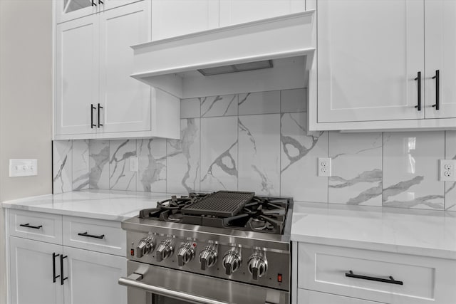 856 Whitney Shoals Rd, Evans, GA 30809 - kitchen with high end range, under cabinet range hood, white cabinetry, and decorative backsplash