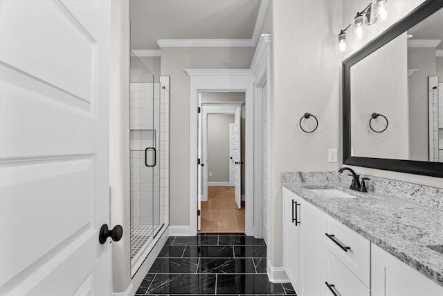 856 Whitney Shoals Rd, Evans, GA 30809 - full bathroom featuring crown molding, a shower stall, baseboards, vanity, and marble finish flooring