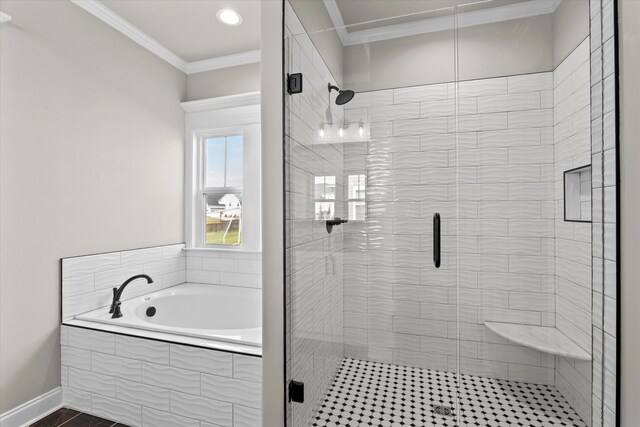 856 Whitney Shoals Rd, Evans, GA 30809 - full bath featuring a garden tub, ornamental molding, a stall shower, and recessed lighting