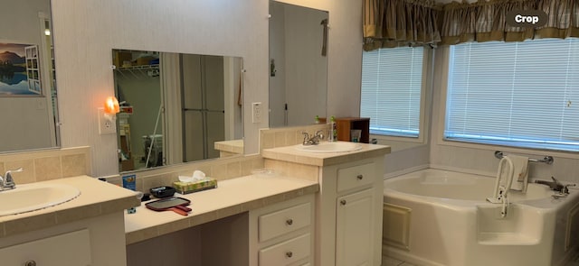 bathroom featuring vanity and a washtub