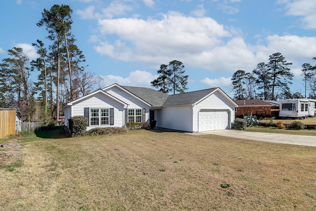 single story home with an attached garage, concrete driveway, a front yard, and fence