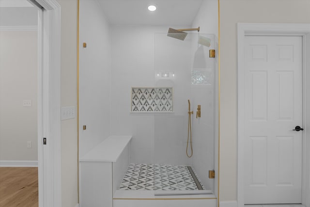 473 Sugarcreek Dr, Grovetown, GA 30813 - full bath with a stall shower, wood finished floors, baseboards, and recessed lighting