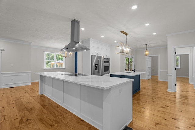 473 Sugarcreek Dr, Grovetown, GA 30813 - kitchen with a spacious island, island exhaust hood, appliances with stainless steel finishes, a sink, and crown molding