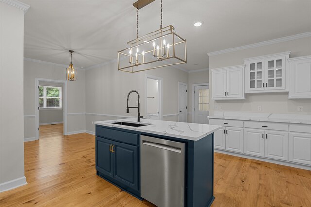 473 Sugarcreek Dr, Grovetown, GA 30813 - kitchen featuring dishwasher, a sink, white cabinets, blue cabinets, and a kitchen island with sink