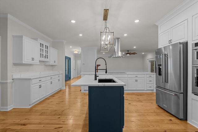 473 Sugarcreek Dr, Grovetown, GA 30813 - kitchen featuring high quality fridge, island exhaust hood, a center island with sink, ornamental molding, and white cabinetry