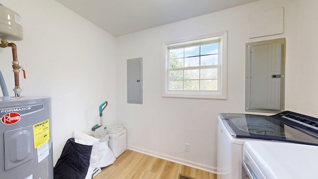 122 Ehrlich Farm Rd, Swainsboro, GA 30401 - laundry room featuring water heater, electric panel, independent washer and dryer, and light wood-style floors
