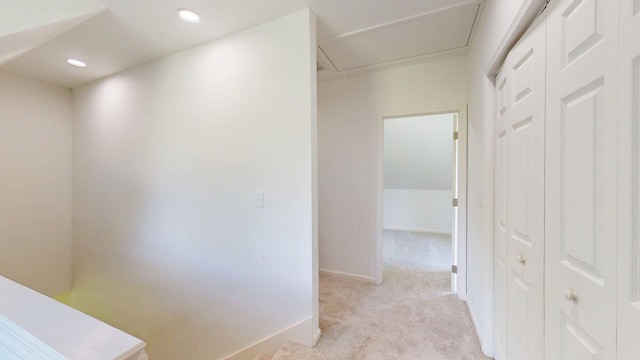 122 Ehrlich Farm Rd, Swainsboro, GA 30401 - hallway with light colored carpet, recessed lighting, and attic access