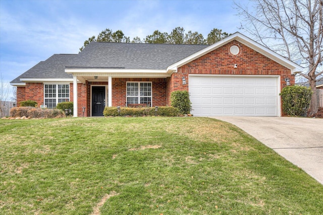 ranch-style house with a front yard and a garage