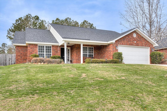 ranch-style house with a garage and a front lawn