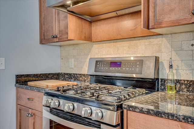kitchen featuring stainless steel range with gas cooktop, exhaust hood, and backsplash