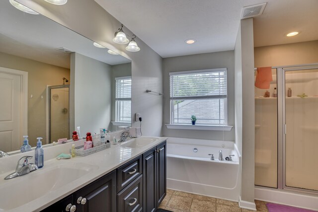 bathroom featuring vanity and independent shower and bath