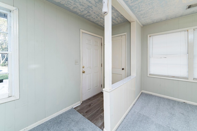 corridor with carpet, crown molding, and a textured ceiling