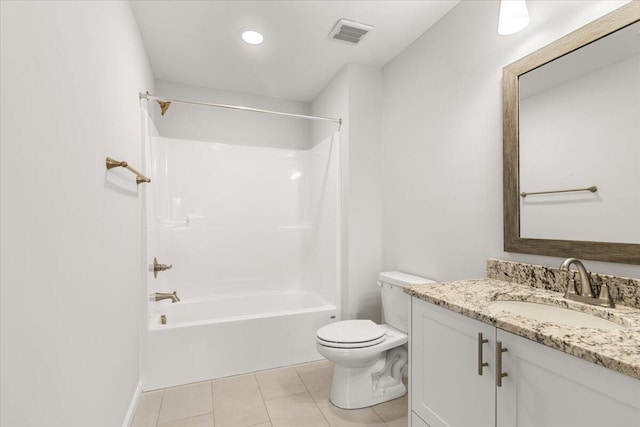 full bathroom with shower / bathing tub combination, vanity, tile patterned flooring, and toilet