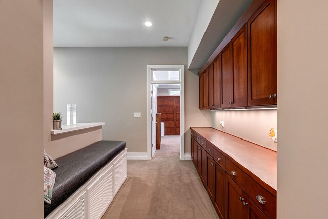 hallway with light colored carpet