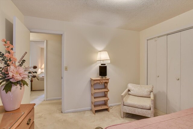 carpeted bedroom with a textured ceiling and a closet