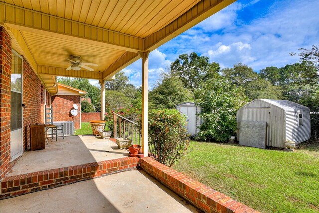 view of patio featuring a shed and ceiling fan