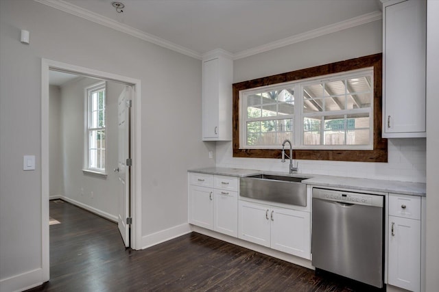 2911 Lombardy Ct, Augusta, GA 30909 - kitchen with stainless steel dishwasher, dark wood-style flooring, crown molding, light stone countertops, and tasteful backsplash
