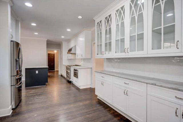 2911 Lombardy Ct, Augusta, GA 30909 - kitchen featuring ventilation hood, appliances with stainless steel finishes, crown molding, backsplash, and recessed lighting